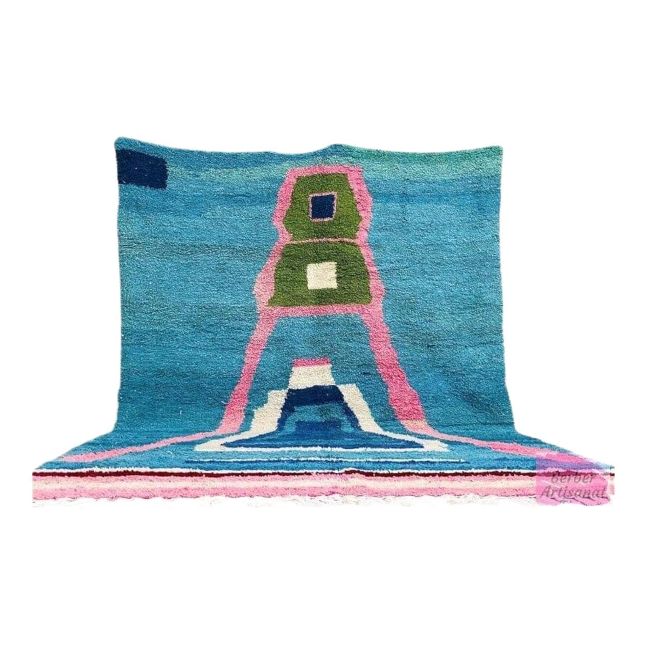 Handwoven rug 150x250 cm, wool, blue, pink, green, cream, navy, white, Morocco