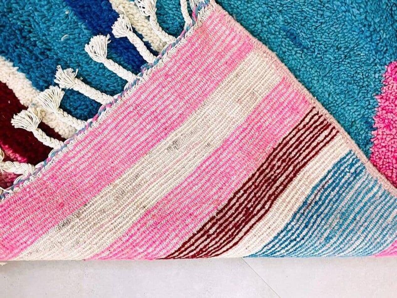 Handwoven rug 150x250 cm, wool, blue, pink, green, cream, navy, white, Morocco - 207651