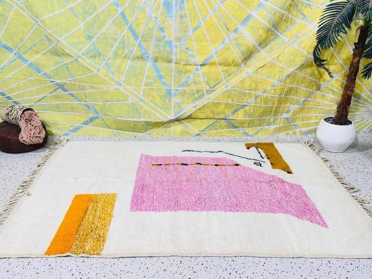 Ręcznie tkany dywan 150x250 cm, wełna, kremowy, różowy, żółty, czarny - 207622