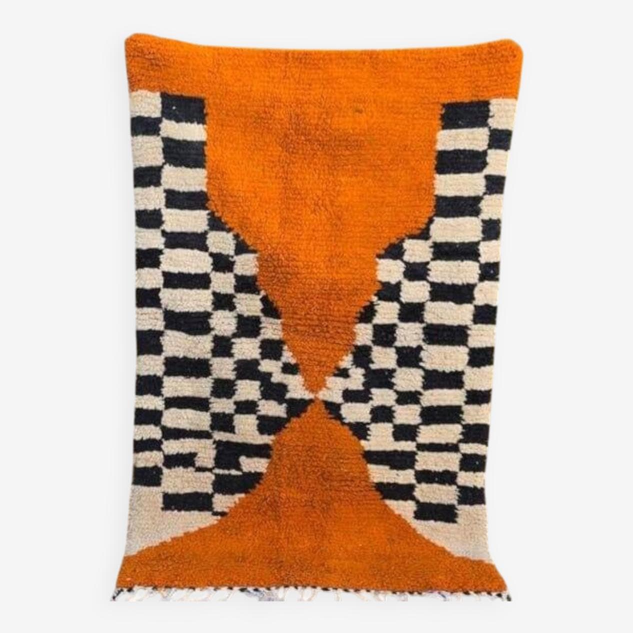 Ręcznie tkany dywan 100x200 cm, wełna, pomarańczowy, czarny, złamana biel, Maroko - 208909