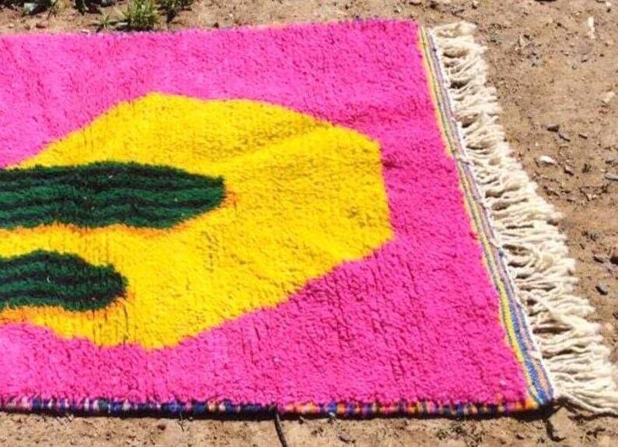 Ręcznie tkany dywan 100x200 cm, wełna, różowy, żółty, zielony, kremowy, Maroko - 208817