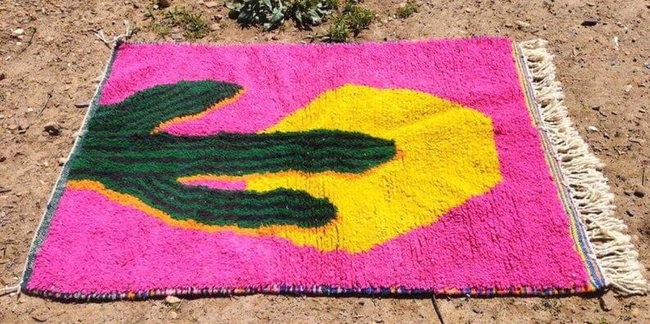 Ręcznie tkany dywan 100x200 cm, wełna, różowy, żółty, zielony, kremowy, Maroko - 208818