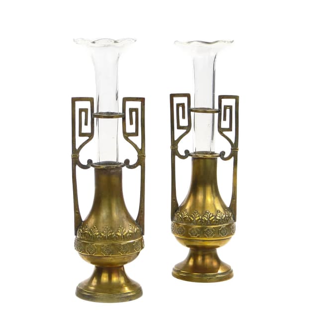 Brass Art Nouveau Vases with Glass Inserts, Austria-Hungary, 1900s - DIMENSION