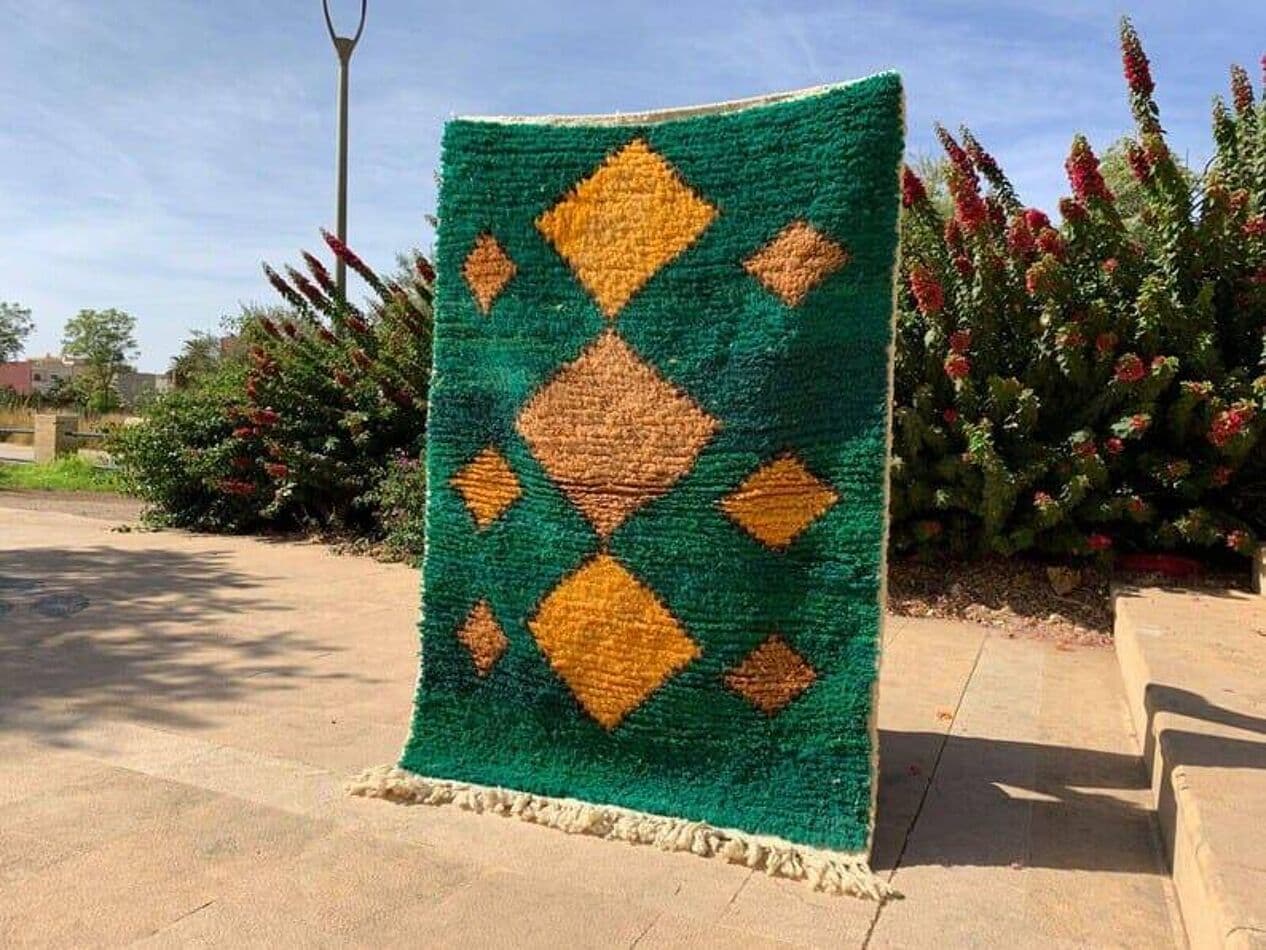 Ręcznie tkany dywan 150x250 cm, wełna, zielony, żółty, szary, beżowy, Maroko - 209181