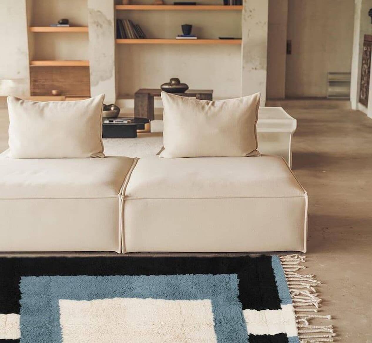 Handwoven rug 150x250 cm, wool, black, blue, cream, Morocco - 209586