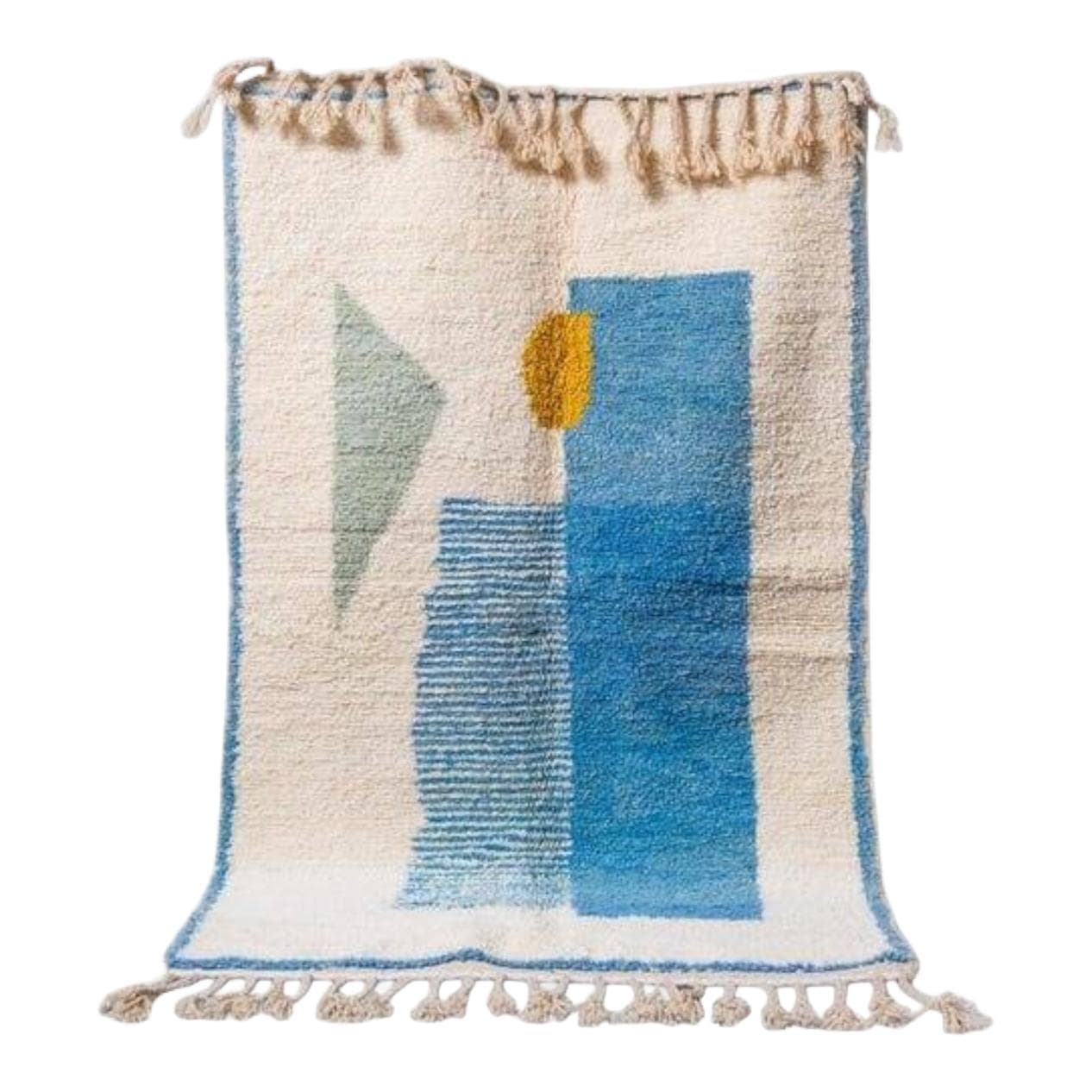 Handwoven rug 100x200 cm, wool, blue, yellow, green, ivory, Morocco