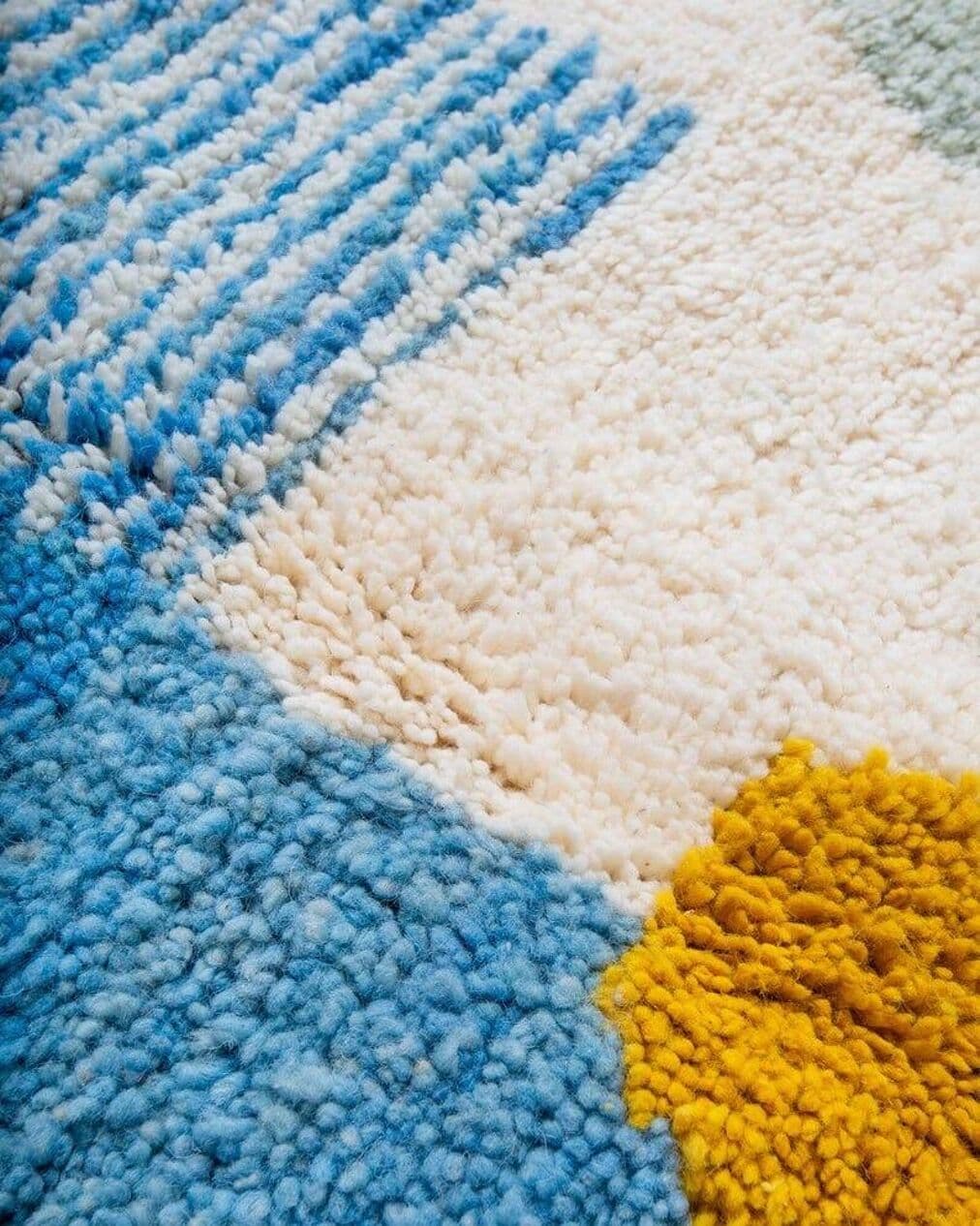 Handwoven rug 100x200 cm, wool, blue, yellow, green, ivory, Morocco - 209394