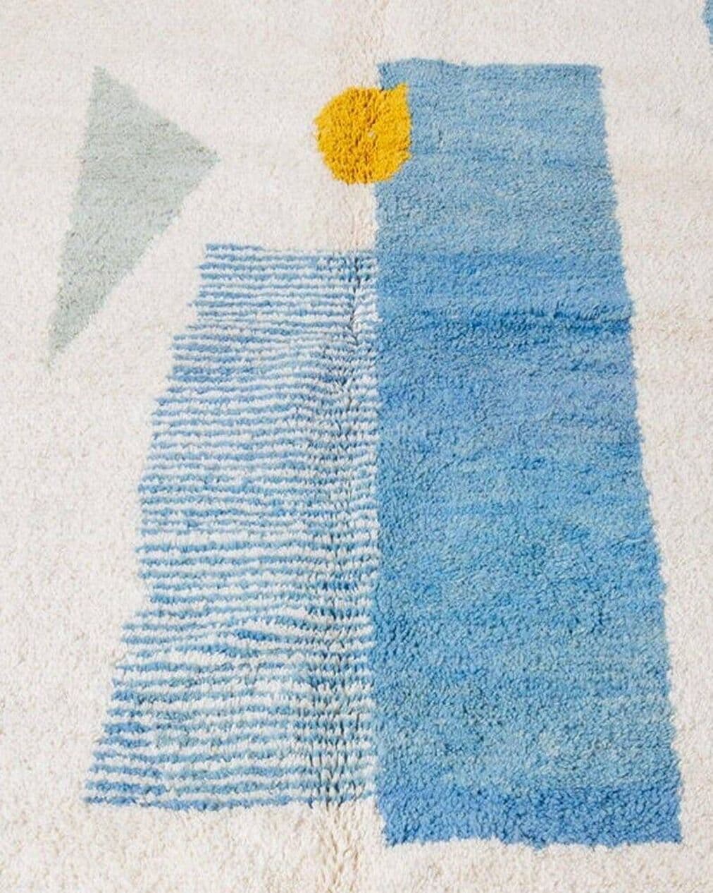 Handwoven rug 100x200 cm, wool, blue, yellow, green, ivory, Morocco - 209392