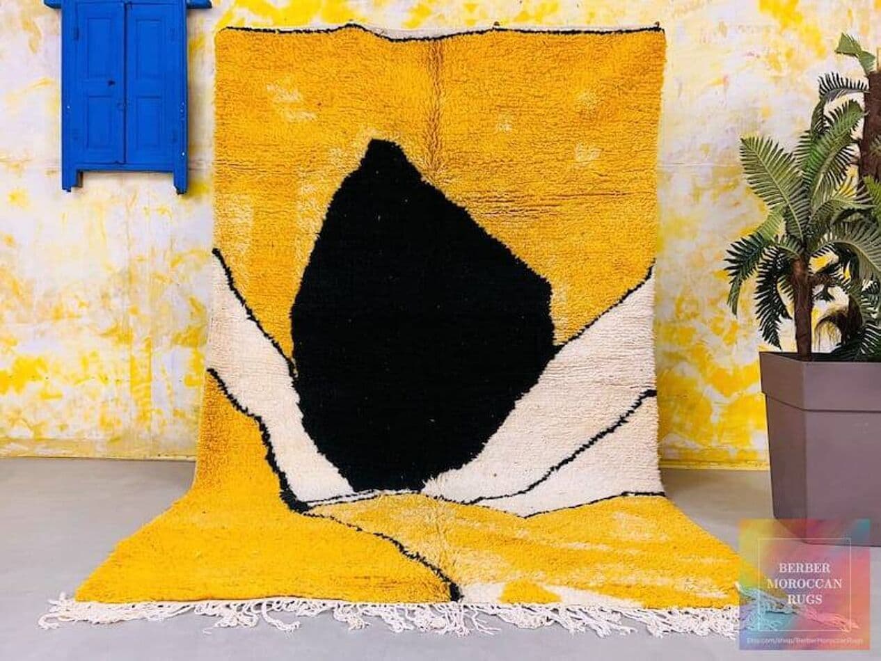 Handwoven rug 150x250 cm, wool, yellow, black, cream, Morocco - 210048