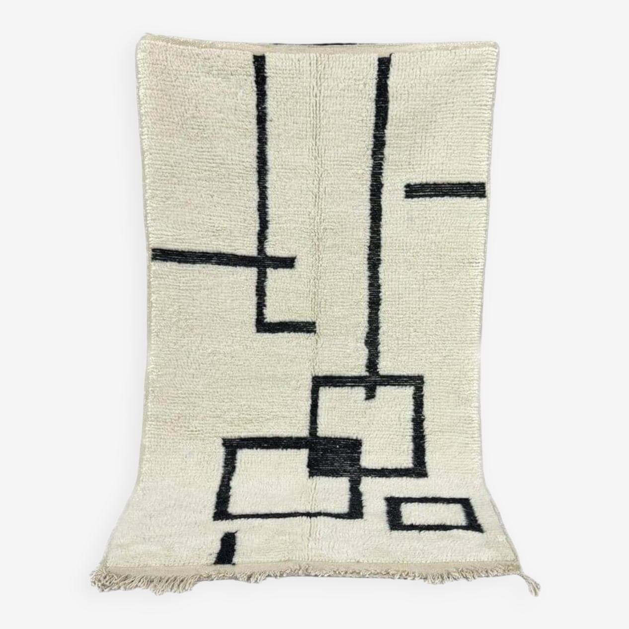 Handwoven rug 100x200 cm, wool, white, black, Morocco - 210006