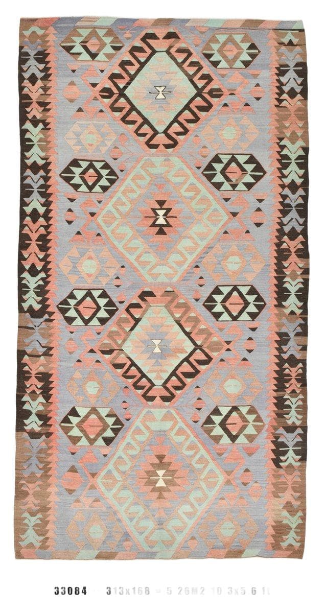 Kilim 168x313 cm, lawendowy, brązowy, wełna, Turcja, lata 70. - WYMIARY