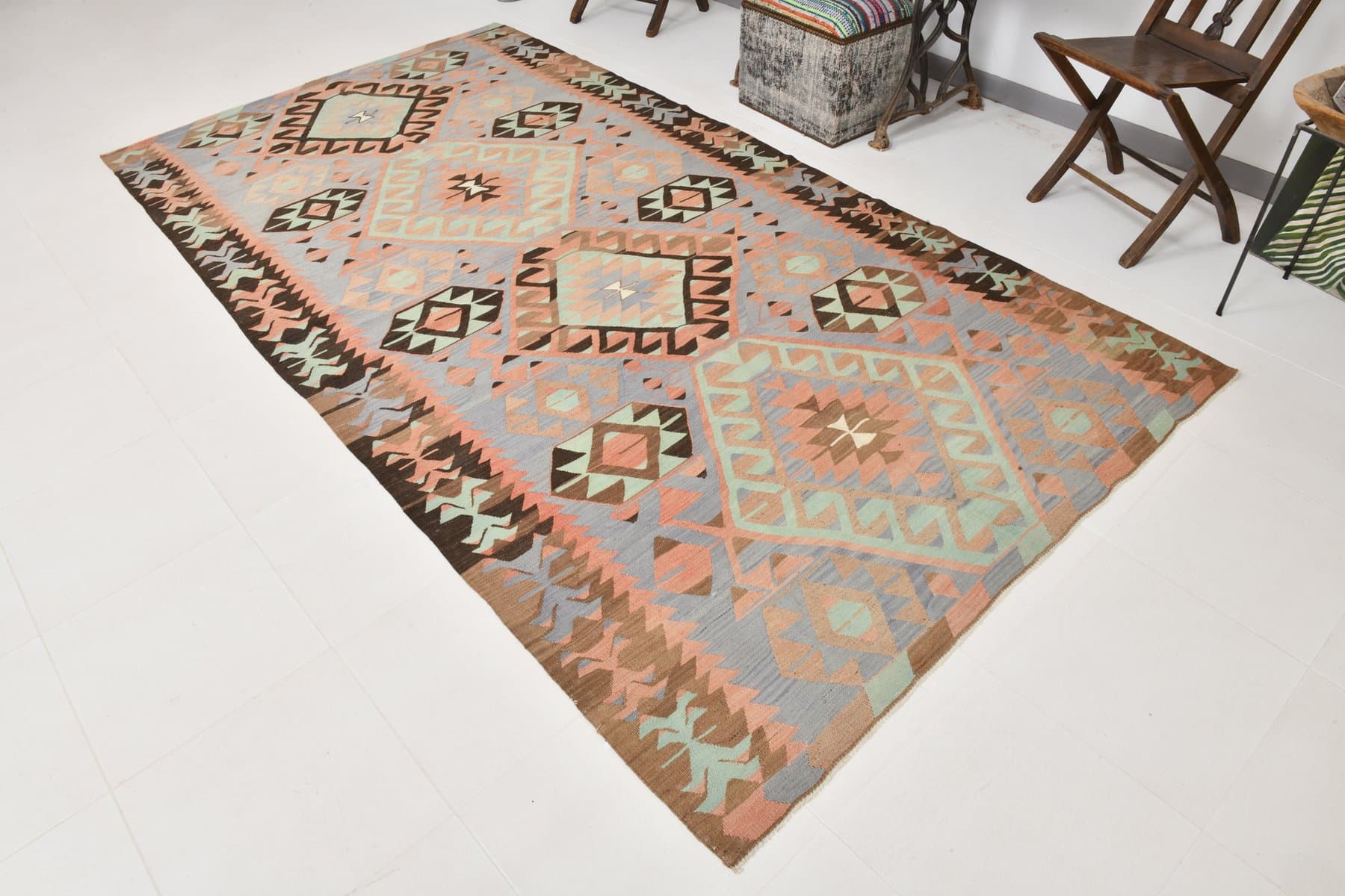 Kilim 168x313 cm, lawendowy, brązowy, wełna, Turcja, lata 70. - 210199