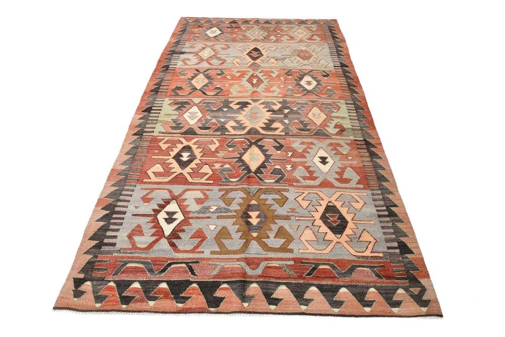 Kilim 292x160 cm, czerwony, brązowy, wełna, lata 70.