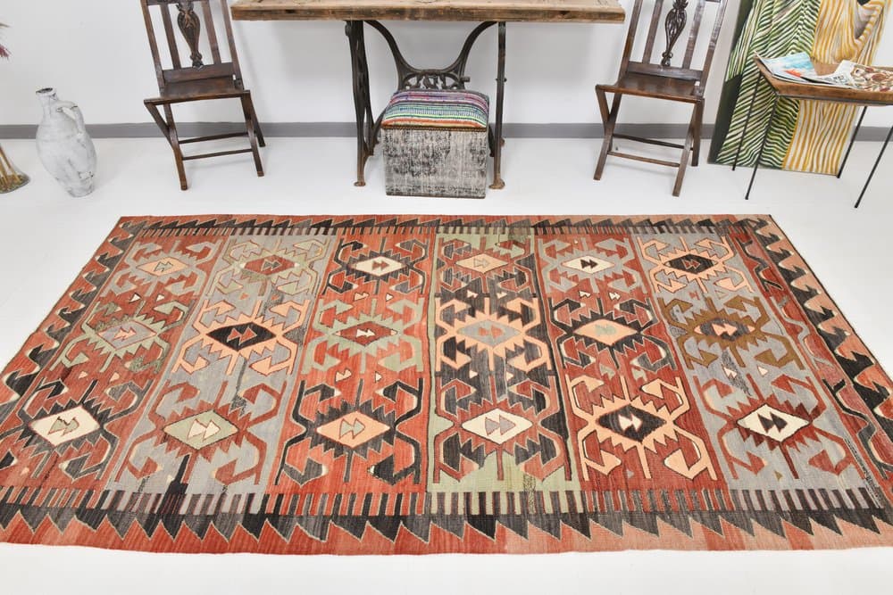 Kilim 292x160 cm, czerwony, brązowy, wełna, lata 70. - 210181