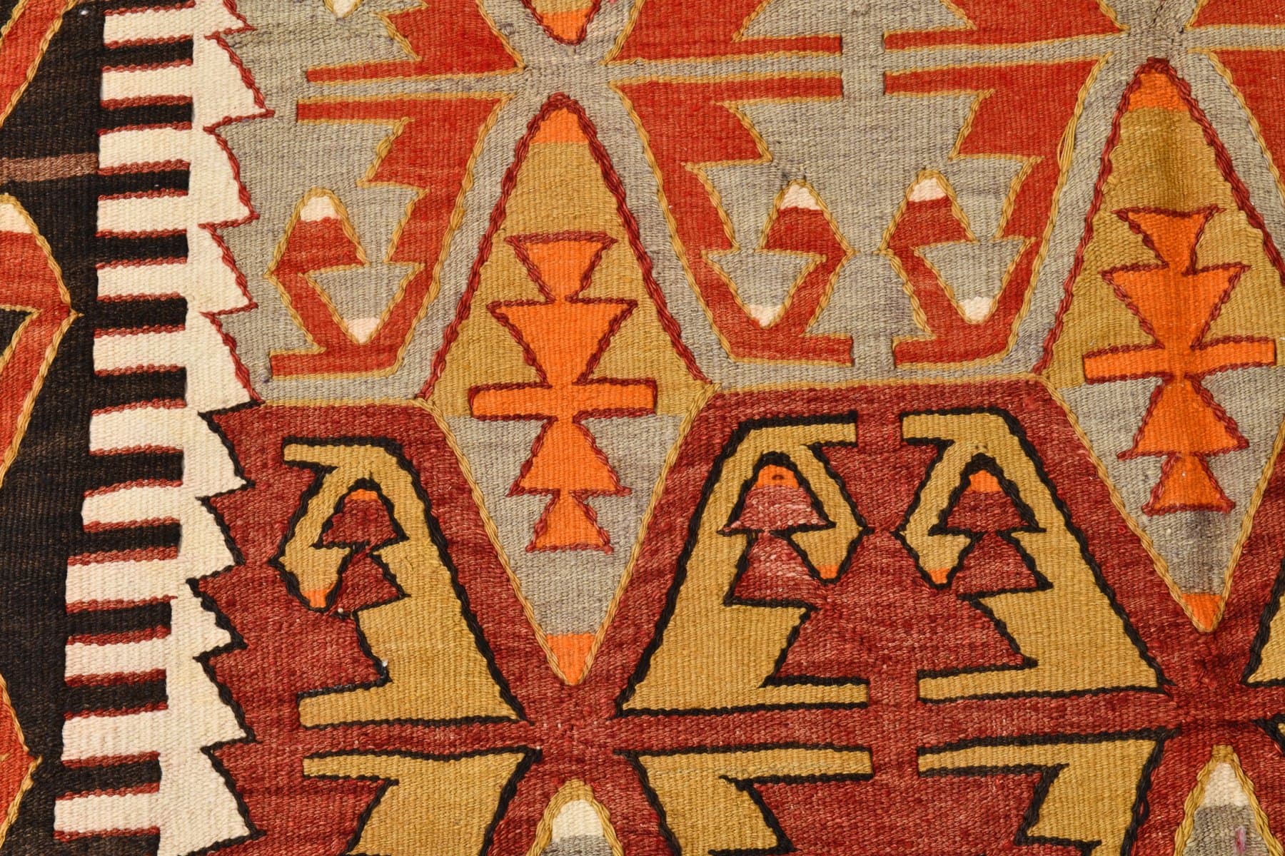Kilim 140x327 cm, brązowy, pomarańczowy, wełna, lata 70. - 210406