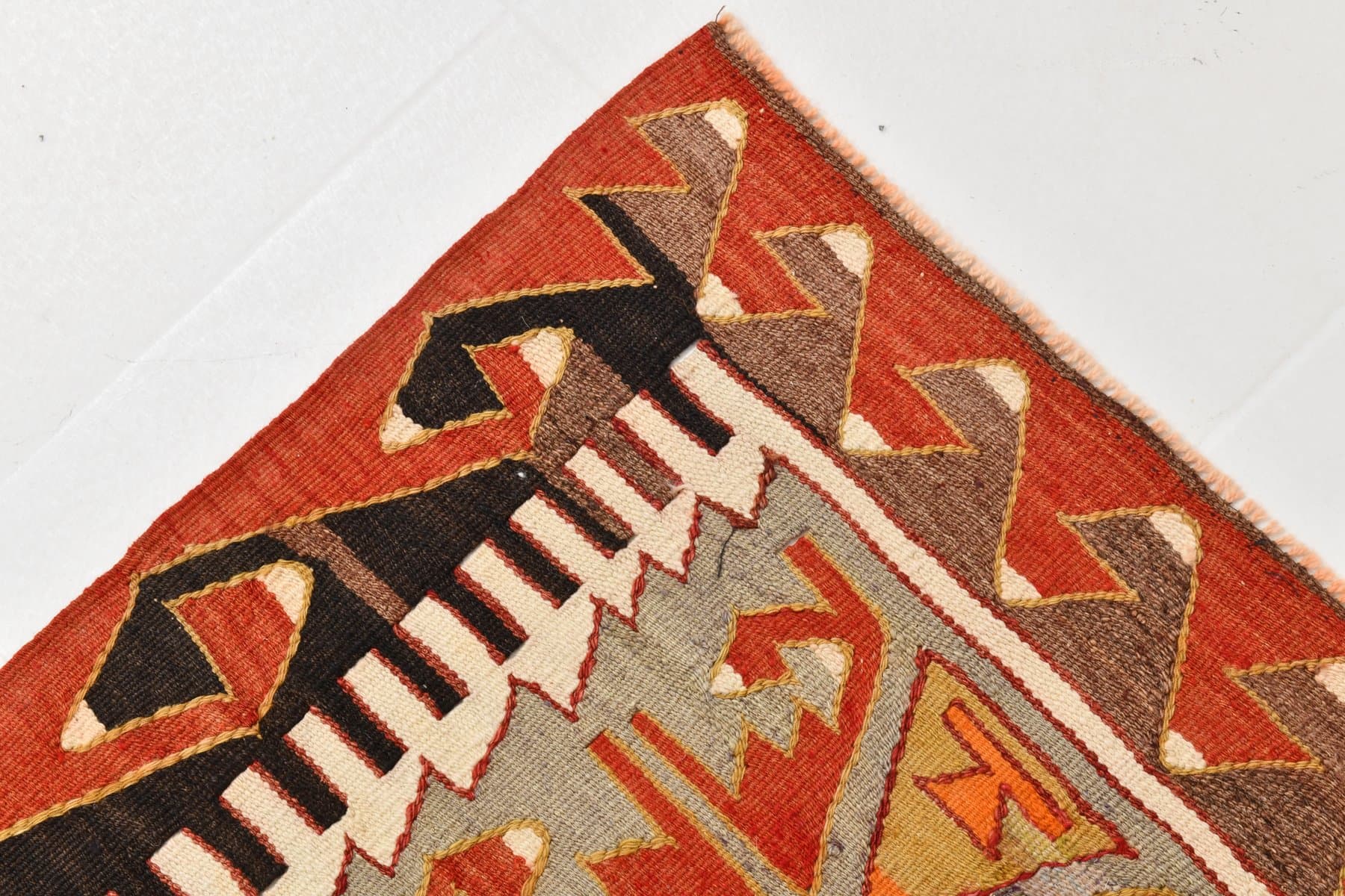 Kilim 140x327 cm, brązowy, pomarańczowy, wełna, lata 70. - 210407