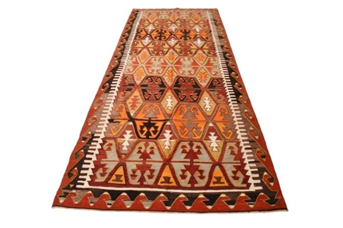 Kilim 140x327 cm, brązowy, pomarańczowy, wełna, lata 70.