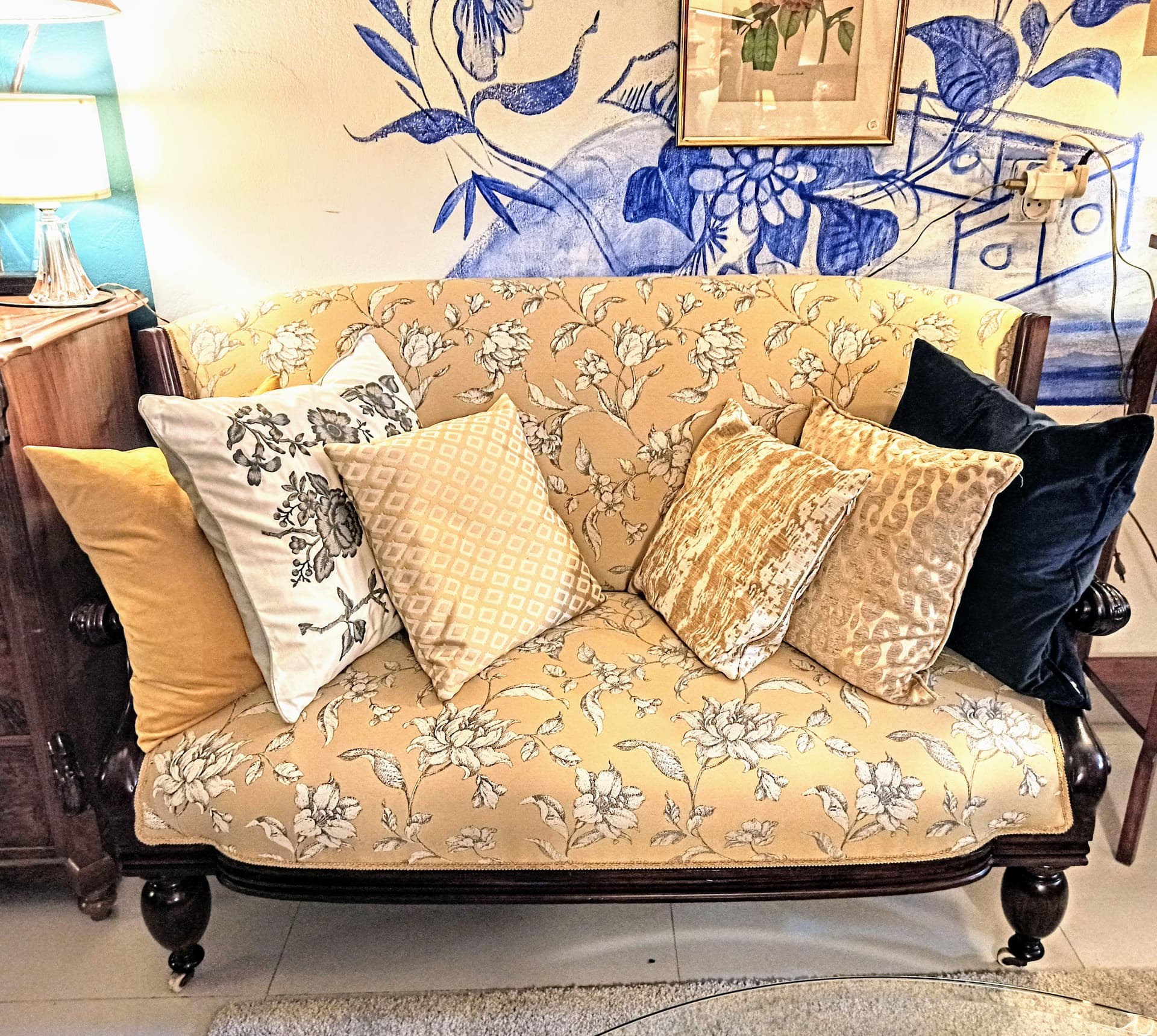 Sofa Ludwik Filip, żółty, żakard, drewno, Francja, XIX w. - 210721