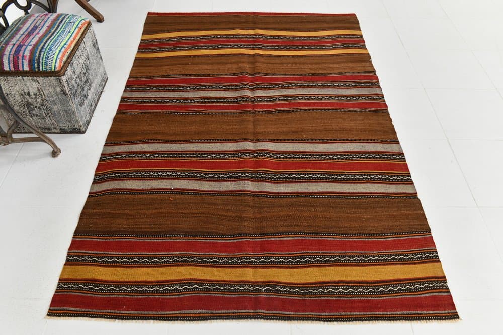 Kilim 213x139 cm, brązowy, czerwony, wełna, lata 70. - 211072