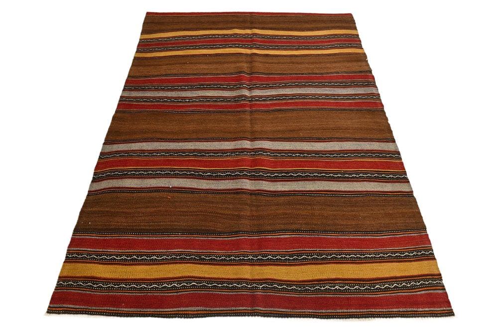 Kilim 213x139 cm, brązowy, czerwony, wełna, lata 70.
