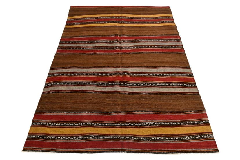 Kilim 213x139 cm, brązowy, czerwony, wełna, lata 70.