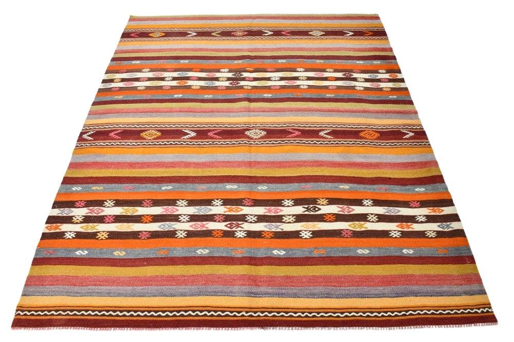 Kilim 210x178 cm, koralowy, czerwony, wełna, lata 70.