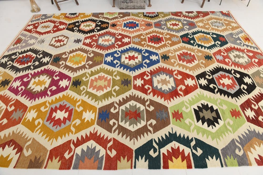 Kilim 350x259 cm, brązowy, czarny, wełna, lata 70. - 211270