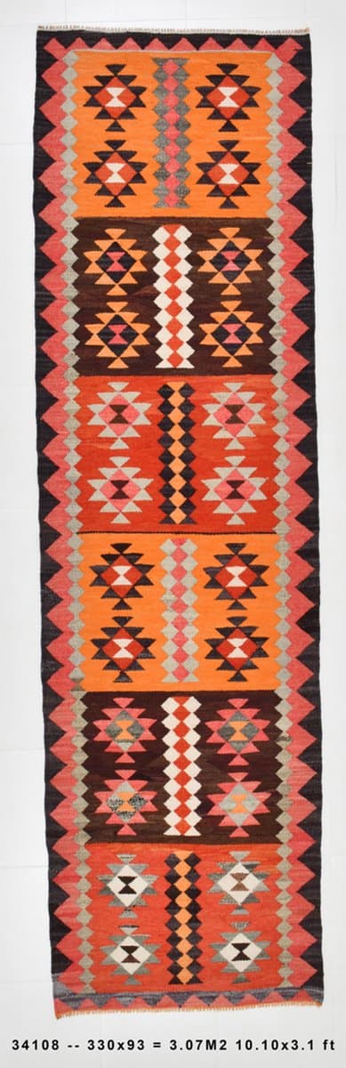 Chodnik kilimowy 330x93 cm, czarny, brązowy, wełna, Turcja, lata 60. - 211257
