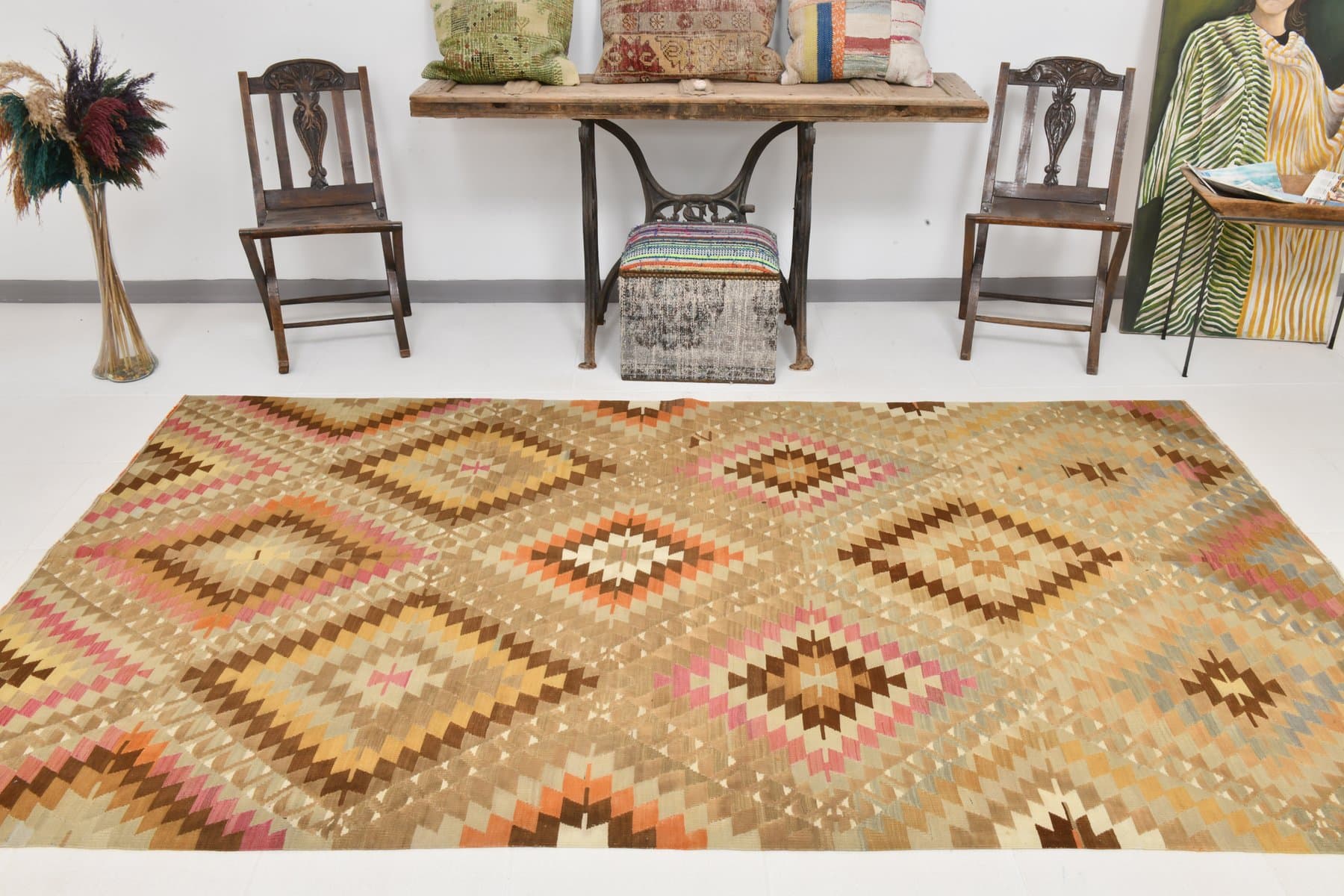 Kilim 167x290 cm, beżowy, brązowy, wełna, Turcja, lata 60. - 211229