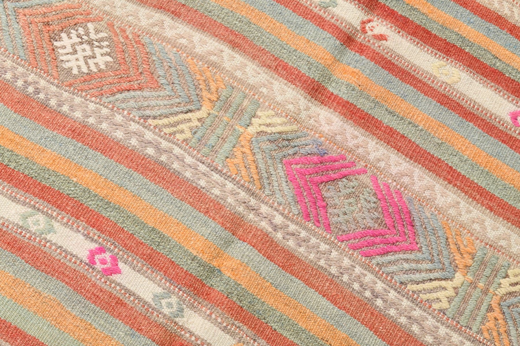 Kilim 252x170 cm, beżowy, różowy, wełna, lata 70. - 211212