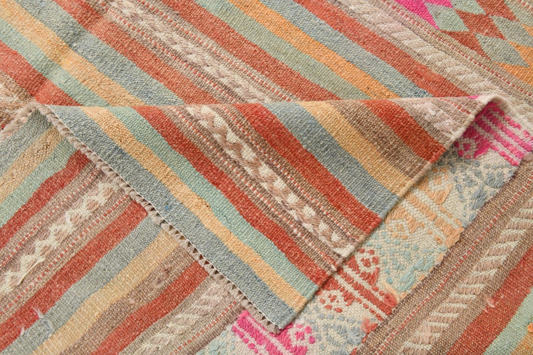 Kilim 252x170 cm, beżowy, różowy, wełna, lata 70. - 211217