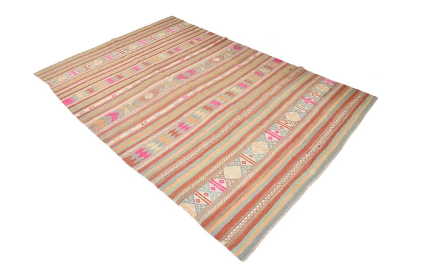 Kilim 252x170 cm, beżowy, różowy, wełna, lata 70.