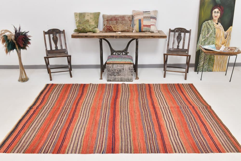 Kilim 162x257 cm, beżowy, czerwony, bawełna, lata 70. - 211200