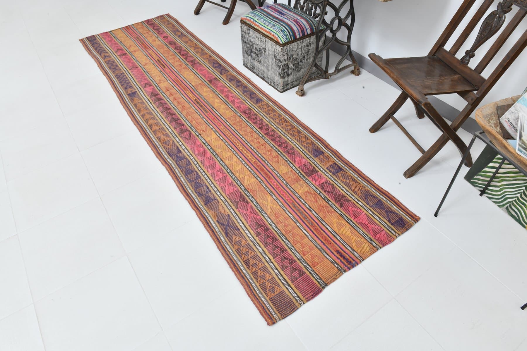 Chodnik 292x84 cm, pomarańczowy, fioletowy, wełna, Turcja, lata 60. - 211146