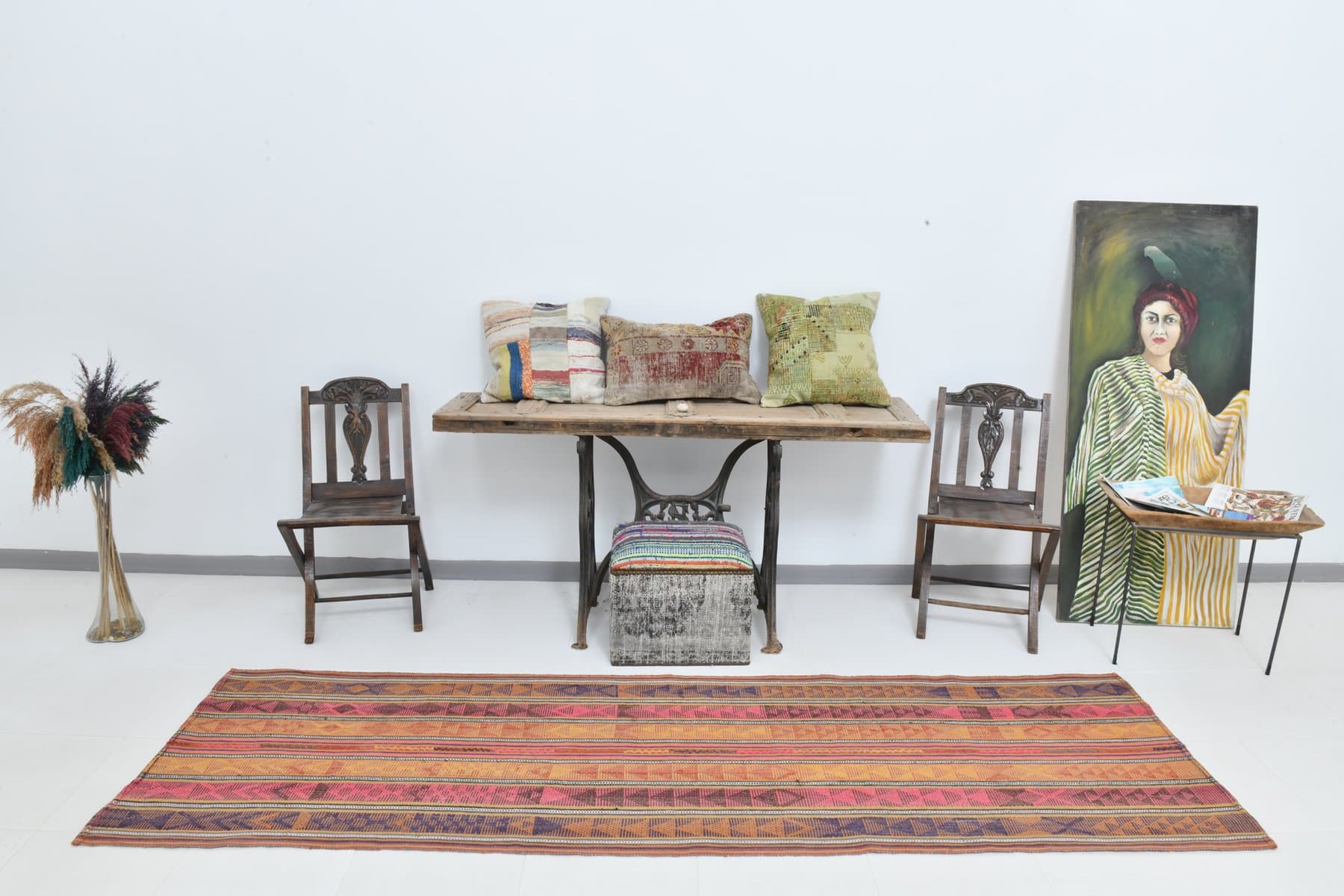 Chodnik 292x84 cm, pomarańczowy, fioletowy, wełna, Turcja, lata 60. - 211147