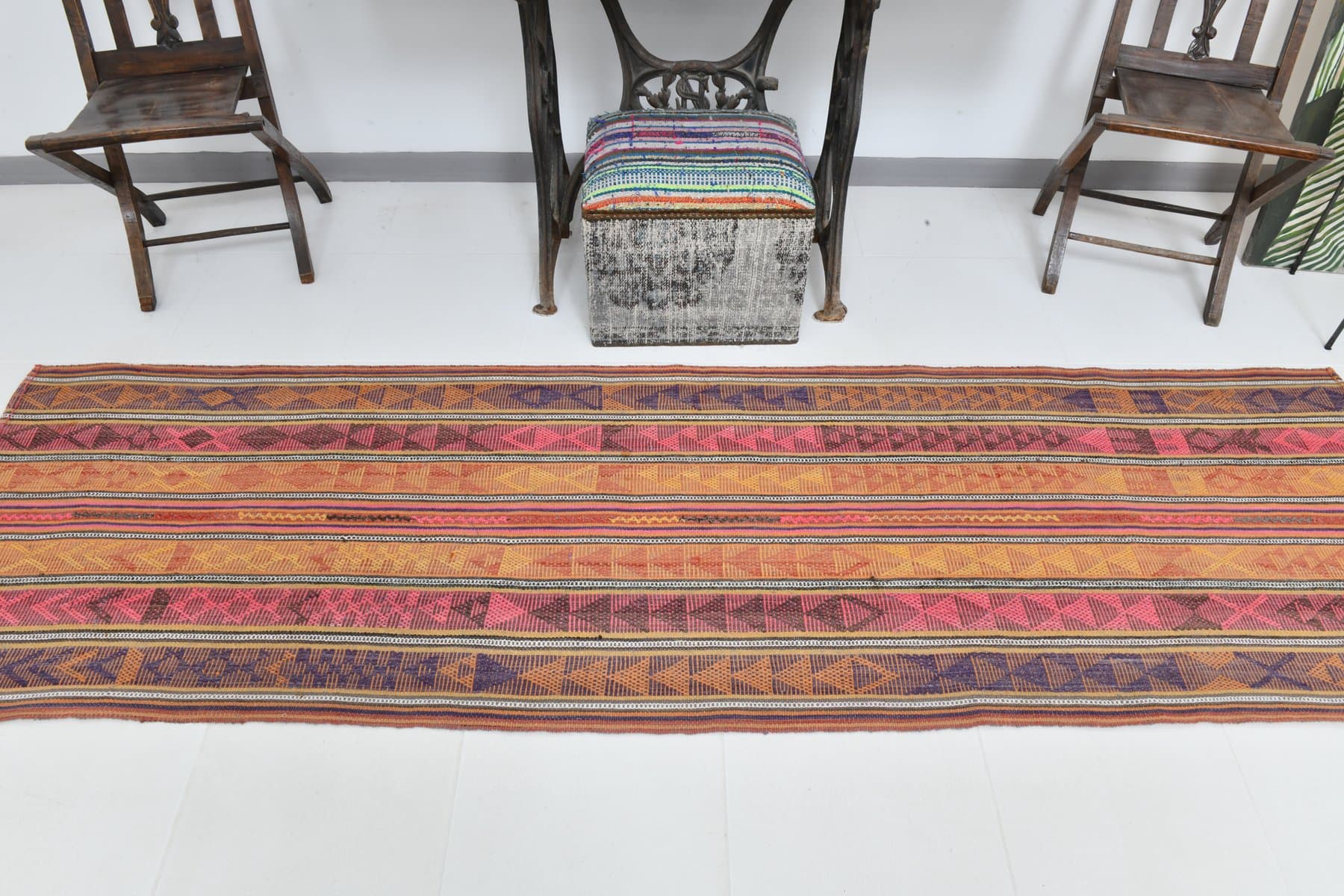 Chodnik 292x84 cm, pomarańczowy, fioletowy, wełna, Turcja, lata 60. - 211148