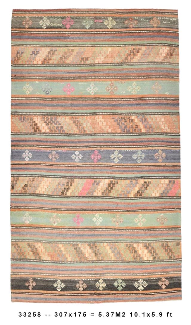 Kilim 175x307 cm, pomarańczowy, zielony, wełna, Turcja, lata 60. - WYMIARY