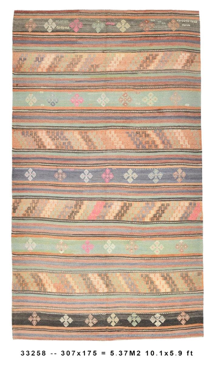 Kilim 175x307 cm, pomarańczowy, zielony, wełna, Turcja, lata 60.