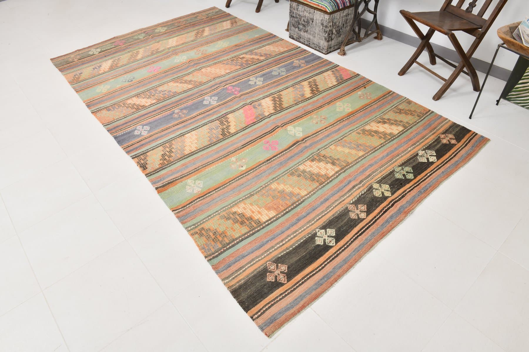 Kilim 175x307 cm, pomarańczowy, zielony, wełna, Turcja, lata 60. - 211107