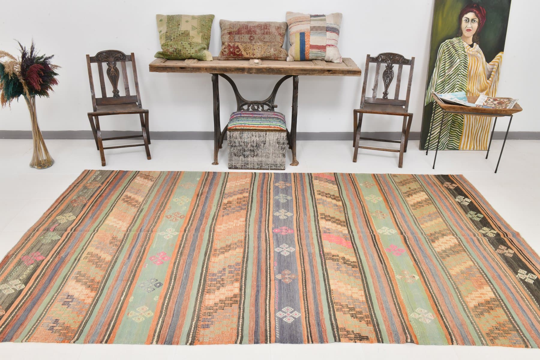 Kilim 175x307 cm, pomarańczowy, zielony, wełna, Turcja, lata 60. - 211111