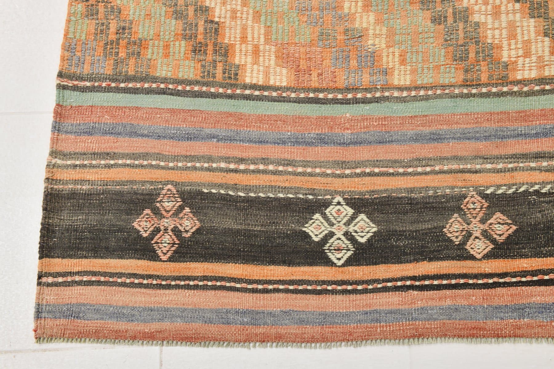 Kilim 175x307 cm, pomarańczowy, zielony, wełna, Turcja, lata 60. - 211115
