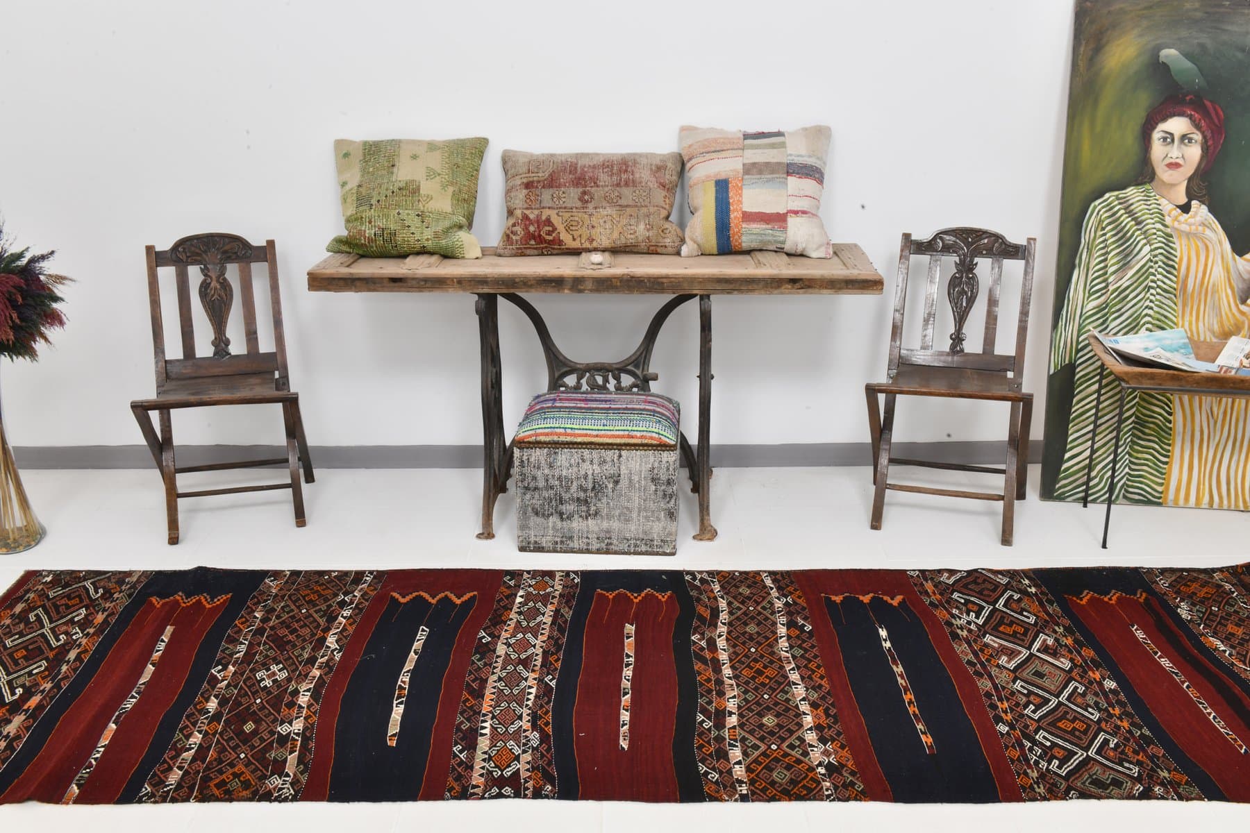 Chodnik 341x101 cm, czerwony, beżowy, wełna, Turcja, lata 60. - 211084