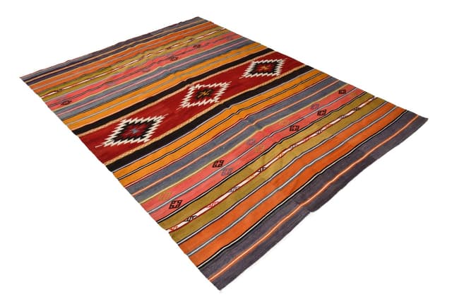 Kilim 215x163 cm, czerwony, zielony, wełna, lata 60. - WYMIARY
