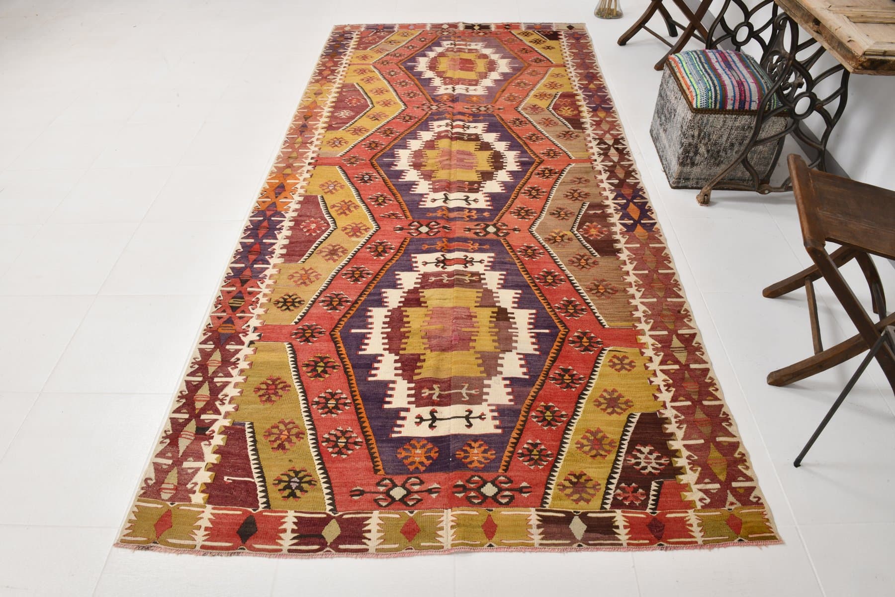 Kilim 155x330 cm, Red, Gold, Wool, 1970s - 211279