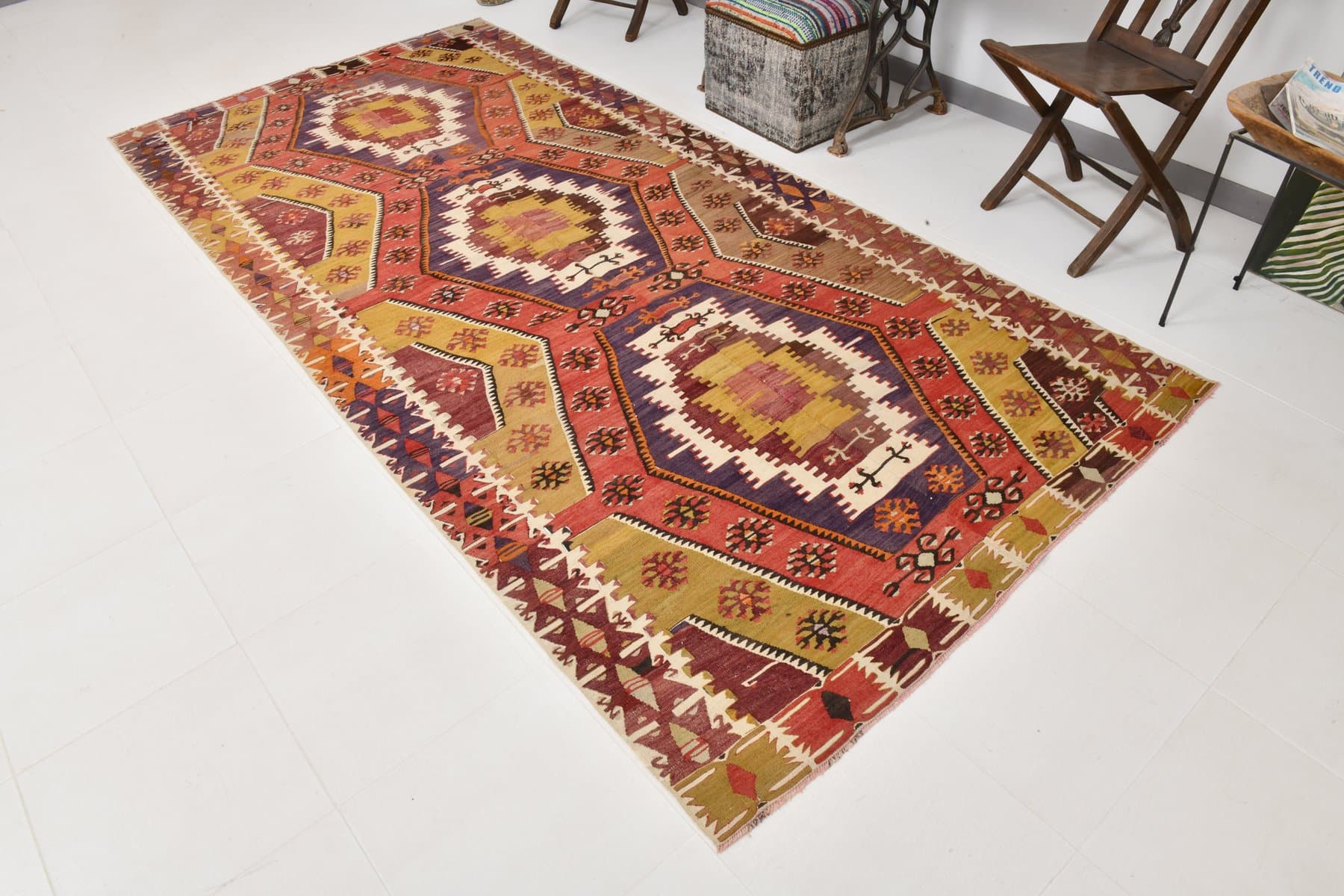 Kilim 155x330 cm, Red, Gold, Wool, 1970s - 211280