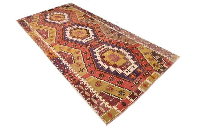 Kilim 155x330 cm, czerwony, złoty, wełna, lata 70.