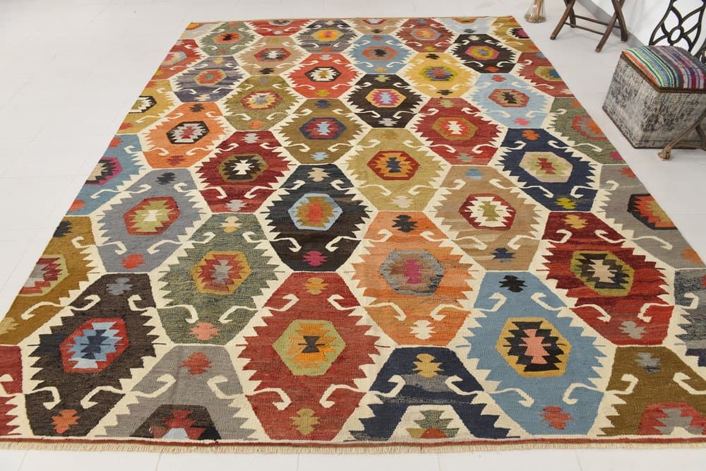 Kilim 367x274 cm, niebieski, beżowy, wełna, Turcja, lata 70. - 211325