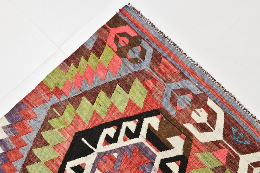 Kilim 186x305 cm, oliwkowy, czerwony, wełna, Turcja, lata 70. - 211353