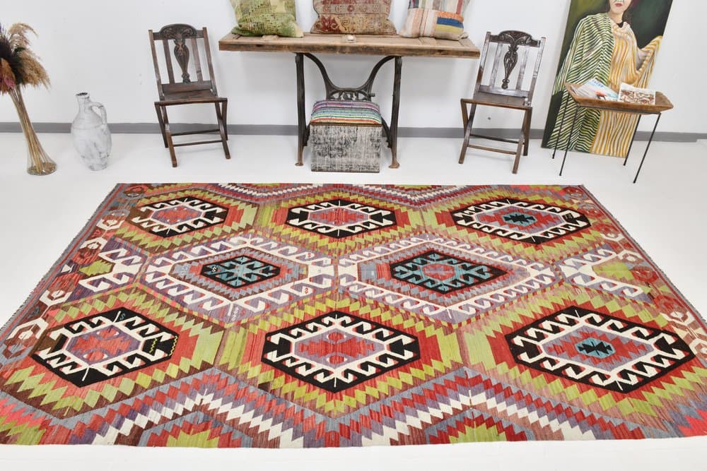 Kilim 186x305 cm, oliwkowy, czerwony, wełna, Turcja, lata 70. - 211355