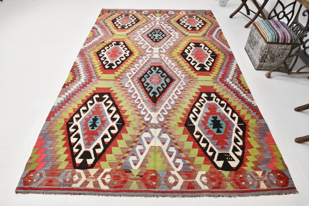 Kilim 186x305 cm, oliwkowy, czerwony, wełna, Turcja, lata 70. - 211354
